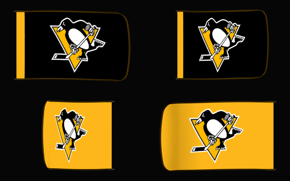 Pittsburgh Penguins Authentic Gameday Flag — clean four-view front design, front flying, back flying, and back design proof — source_sha256=b711568d6cb0074d254f501a4b651234611f0b0baa64719a418f10bd045ab21f