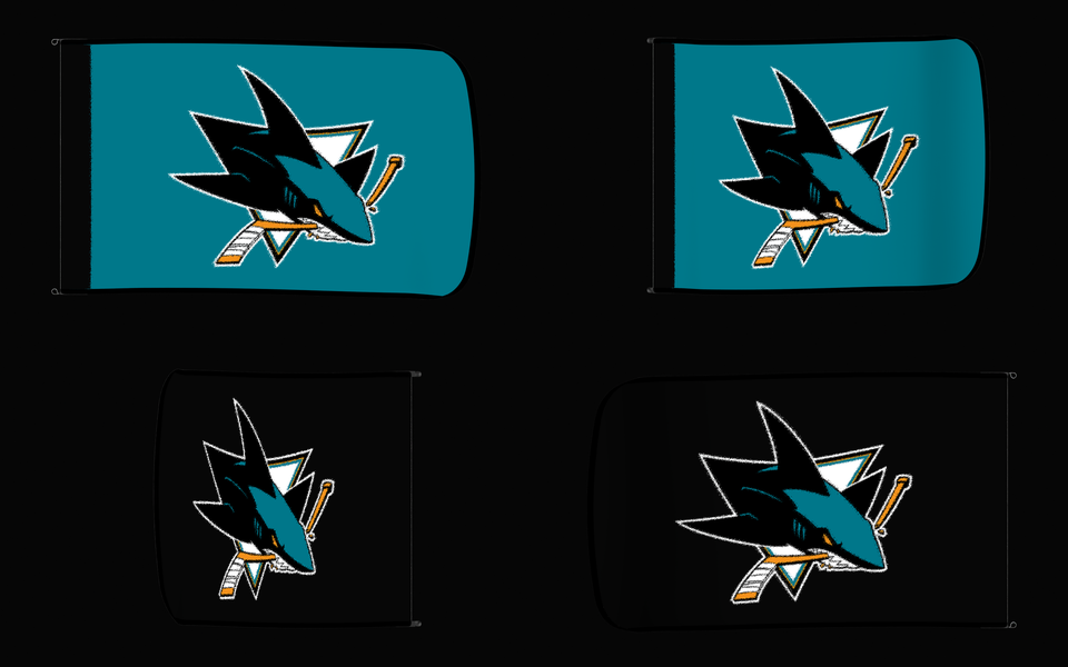 San Jose Sharks Authentic Gameday Flag — clean four-view front design, front flying, back flying, and back design proof — source_sha256=7e32d7d4f6cd362709c338b2f8466c669c3a2dc72f306b235a99553b90e2e1f6