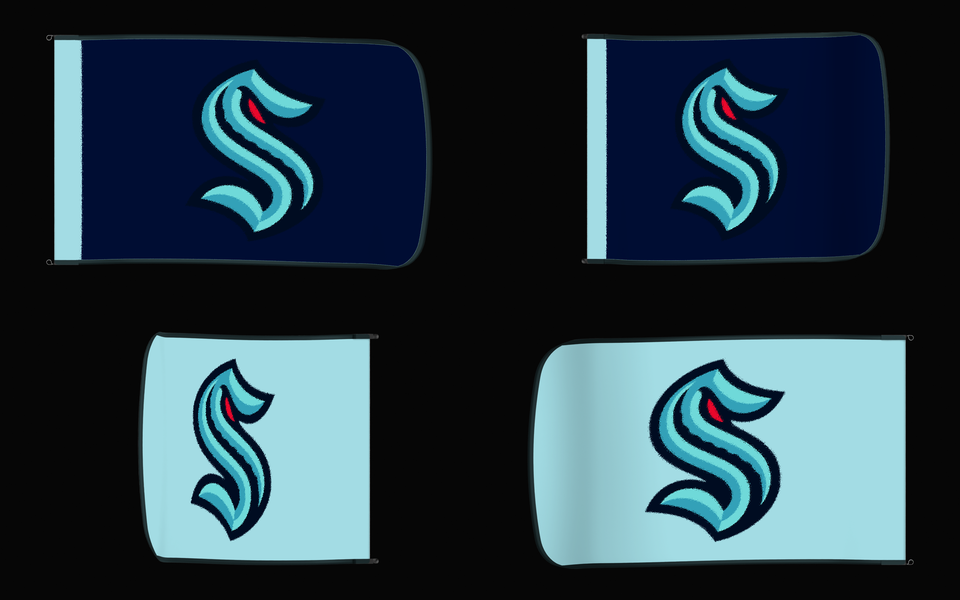 Seattle Kraken Authentic Gameday Flag — clean four-view front design, front flying, back flying, and back design proof — source_sha256=9143cacf96075723835e25a8ab215b0f9f7f6117a06b25717cf0ecb8790b9e64