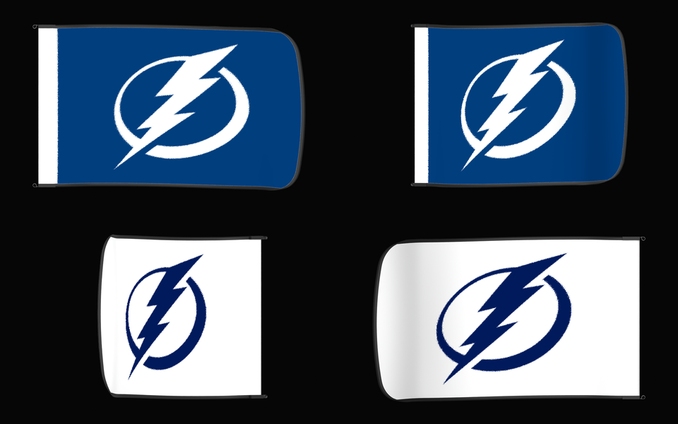 Tampa Bay Lightning Authentic Gameday Flag — clean four-view front design, front flying, back flying, and back design proof — source_sha256=705ffc056c1e37286264f052684f34e11203c3630434b3bcf38251e2e80a1edc