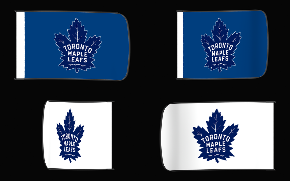 Toronto Maple Leafs Authentic Gameday Flag — clean four-view front design, front flying, back flying, and back design proof — source_sha256=856d62b8e0db3f0b74ddda786caee9cc1420b8c9ddd589f9fd590f4fe23dc9fe