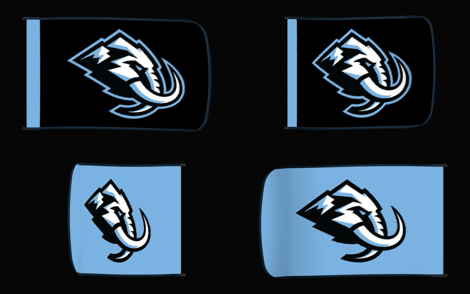Utah Mammoth Authentic Gameday Flag — clean four-view front design, front flying, back flying, and back design proof — source_sha256=cbc286fdc185bd3fa69d5ab2d6c99c02935e007b56164e48fa707eb5ea6a4ff1