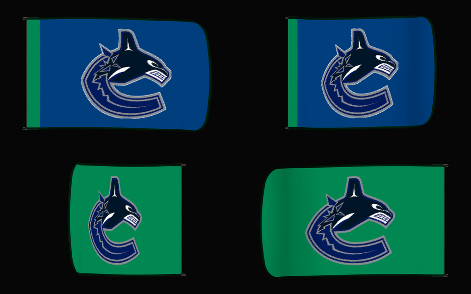 Vancouver Canucks Authentic Gameday Flag — clean four-view front design, front flying, back flying, and back design proof — source_sha256=48d7db7aa7868eb6c1d4063bbcfe28207ba7d362bc3ae2c0ed0c82d570831903