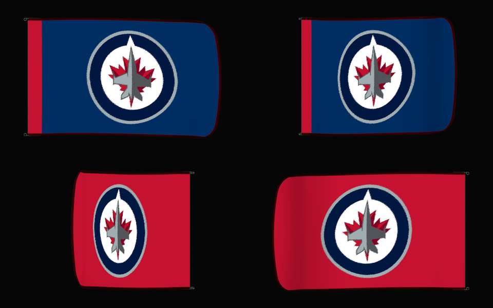 Winnipeg Jets Authentic Gameday Flag — clean four-view front design, front flying, back flying, and back design proof — source_sha256=e696aaa31fee9431e1702636ba9d57b1559514c9df574a1653192471c97c104f