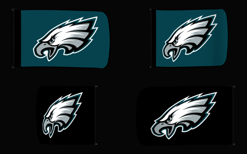 Philadelphia Eagles Authentic Gameday Flag — clean four-view front design, front flying, back flying, and back design proof — source_sha256=b93b0656ecf4da7ea50f67bb22551f2801b5a4b25691e075465f8a76aab49d71