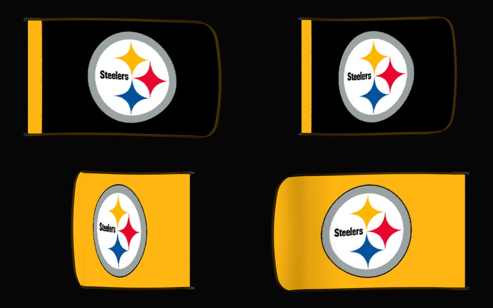 Pittsburgh Steelers Authentic Gameday Flag — clean four-view front design, front flying, back flying, and back design proof — source_sha256=a9ec9e9c67e308ac9b3b1def97c51db5989e042c81b7dcfa7c8cfed480414b96