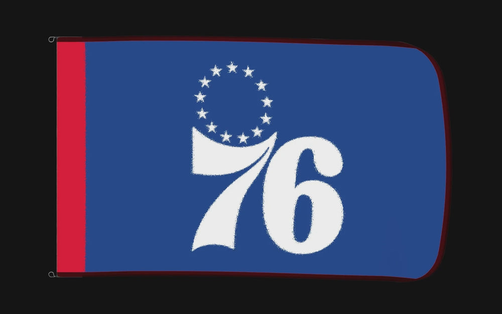 EXO rotating product view — Philadelphia 76ers Authentic Gameday Flag — controlled catalog turntable