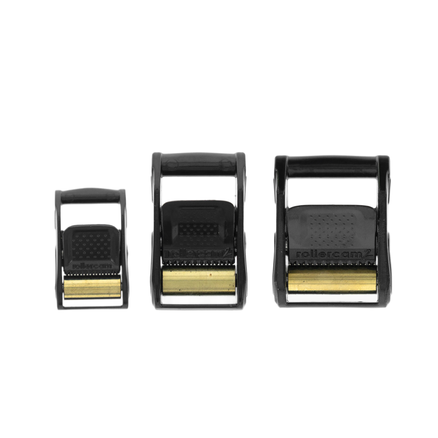 Rollercam black-finish buckles shown in 0.75 inch, 1 inch, and 1.25 inch widths