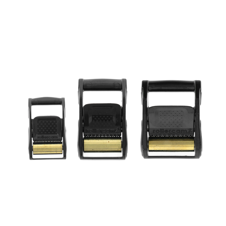 Rollercam black-finish buckles shown in 0.75 inch, 1 inch, and 1.25 inch widths
