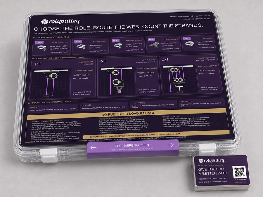 RolyPulley Engineering Sample Pack sealed case with purple quick-start guide and engineering notice