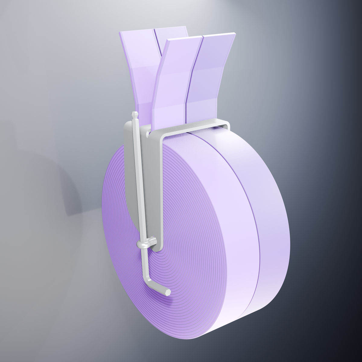 RolyPulley WEBWINDER holding two coiled one-inch purple webbing straps with four tails and stainless winding hardware.