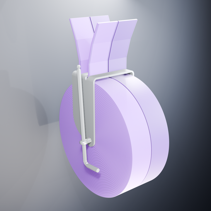 RolyPulley WEBWINDER holding two coiled one-inch purple webbing straps with four tails and stainless winding hardware.