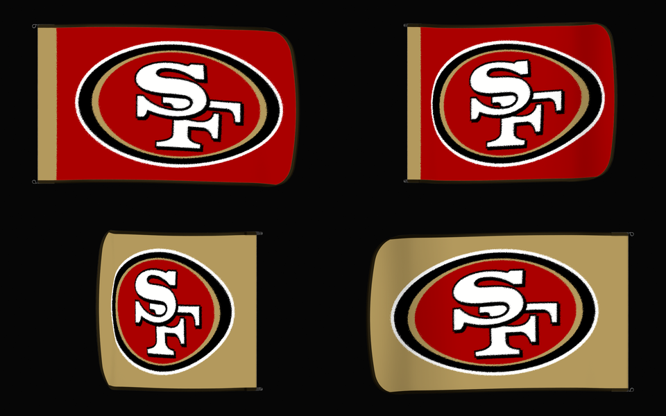 San Francisco 49ers Authentic Gameday Flag — clean four-view front design, front flying, back flying, and back design proof — source_sha256=a64fc35f0d12018c448bc46f870508f6dc0264904d97e84718ce67c09405d01f