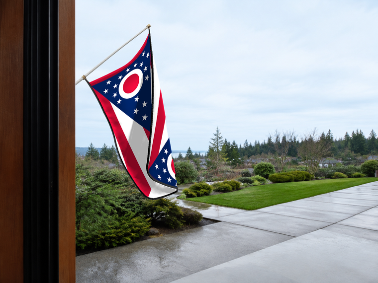 Ohio State Flag Authentic Gameday Flag — approved one-scene environment view — EXO R89 — item_id=state-ohio — source_sha256=2aa50f3c5bf04e6a361719f796fb7914417342cbdf4597c6cc38704f06354068