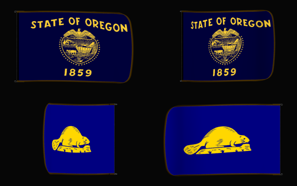 Oregon State Flag — two-sided proof Authentic Gameday Flag — clean four-view front design, front flying, back flying, and back design proof — source_sha256=41a4e208d6eaace83edde671dec73bb95d0f63b6d5977cd697220aa5079f8a2f