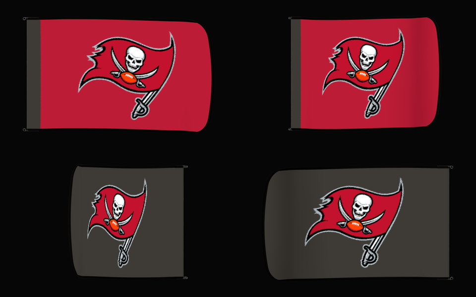 Tampa Bay Buccaneers Authentic Gameday Flag — clean four-view front design, front flying, back flying, and back design proof — source_sha256=c884c4168d1a5a3ffdb61a0dd4fe17d32703e3e94b882a64859f660b7f4ab324