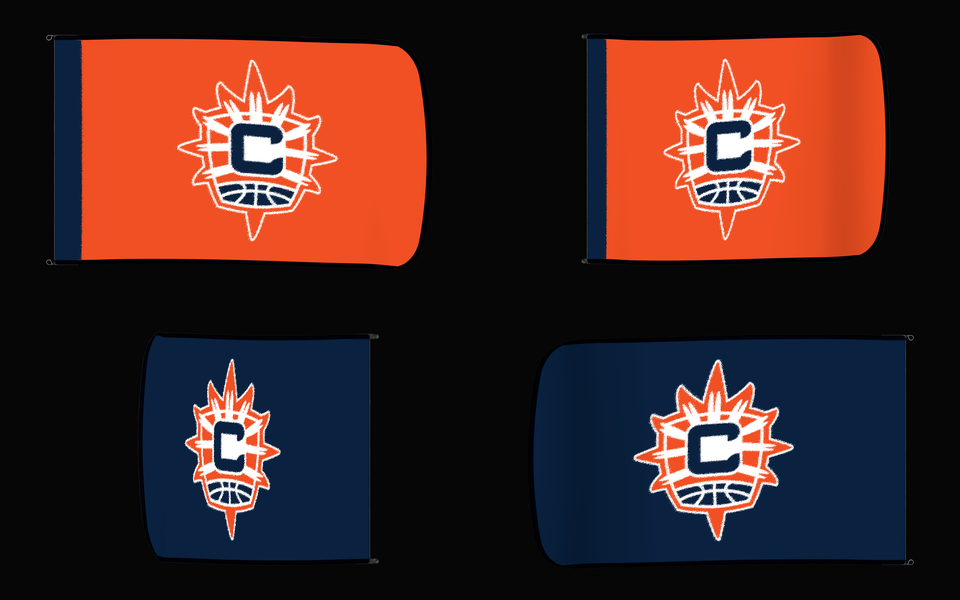 Connecticut Sun Authentic Gameday Flag — clean four-view front design, front flying, back flying, and back design proof — source_sha256=f120b895e378f6abdade805821087fb6970d7841a1dac5ec78e8c9e2efe19d89