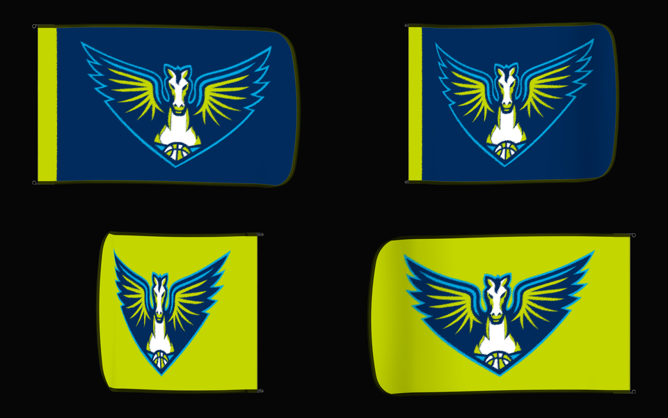 Dallas Wings Authentic Gameday Flag — clean four-view front design, front flying, back flying, and back design proof — source_sha256=0f4708d1447d3f2cf06065a5ed995e187111e4dce6dd087ecb114696e873ce52