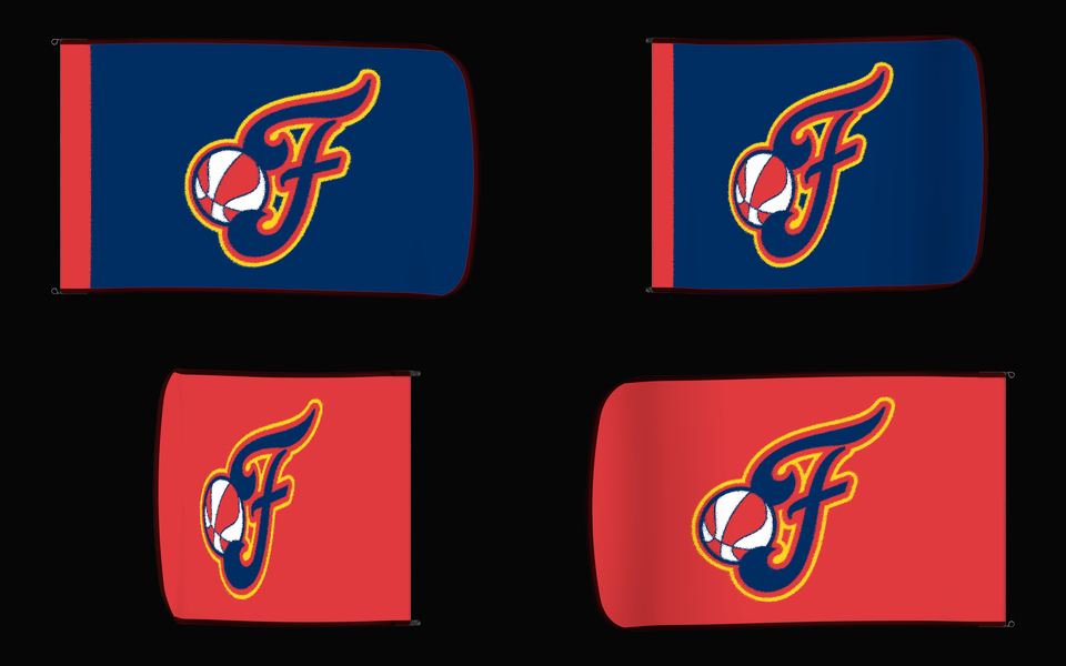 Indiana Fever Authentic Gameday Flag — clean four-view front design, front flying, back flying, and back design proof — source_sha256=5af5325cba40749227f6a562219527c0a503dac4b1985e451770d9a7b5e30701