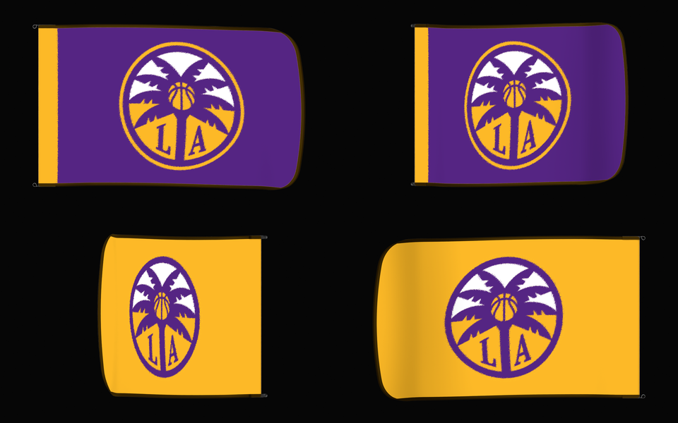 Los Angeles Sparks Authentic Gameday Flag — clean four-view front design, front flying, back flying, and back design proof — source_sha256=58aaca9a22e6c5aedcd3eb11810ccc43a03eb73e18328f17ffde77abc76008fe