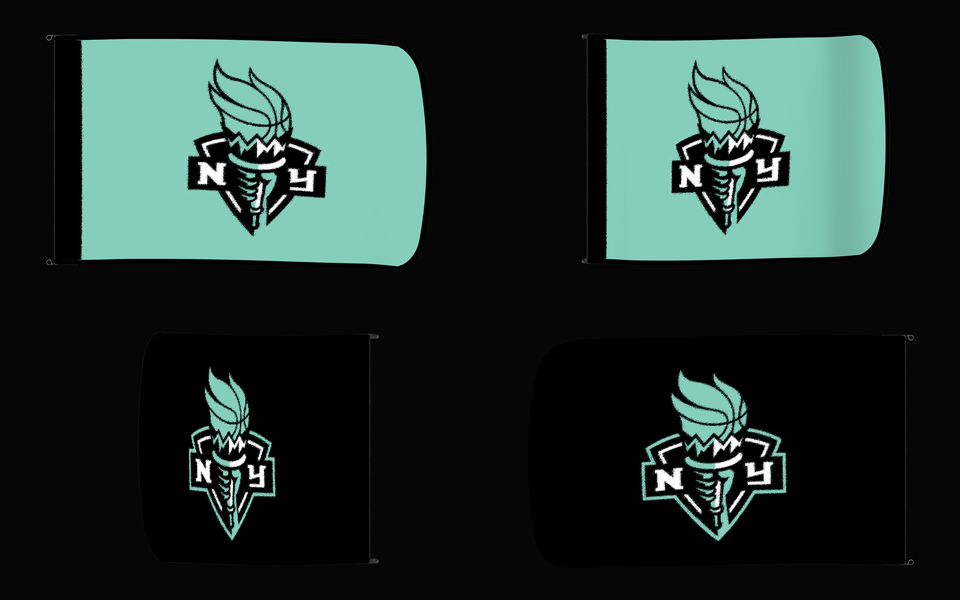 New York Liberty Authentic Gameday Flag — clean four-view front design, front flying, back flying, and back design proof — source_sha256=5a34edfa965598b490f10c5e66c449d94b4d04019d29c13ba23d17c82fe63dcc