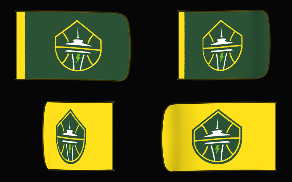 Seattle Storm Authentic Gameday Flag — clean four-view front design, front flying, back flying, and back design proof — source_sha256=f6ac2cbc10bb017760e8685a04500427fd5192ad3b00da0c68d37c3d268bfa1f