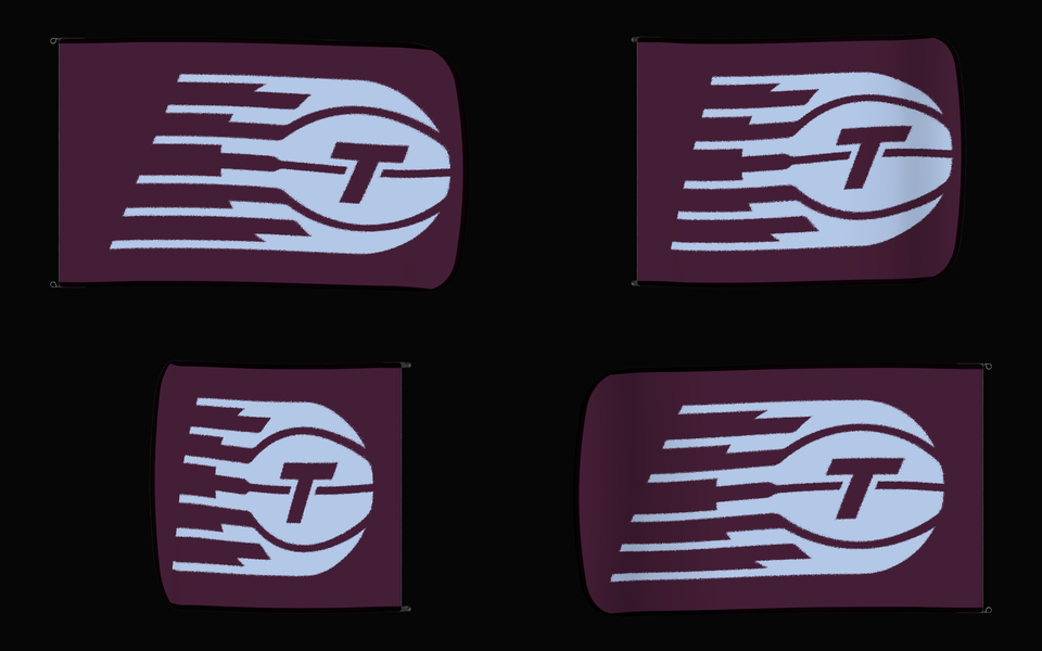 Toronto Tempo Authentic Gameday Flag — clean four-view front design, front flying, back flying, and back design proof — source_sha256=fa291a82da6bfbc83d54dc0336d333f0636e8b89d5eed074566938b2c9782340