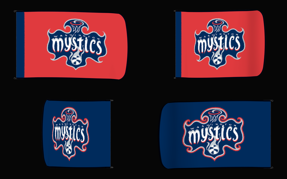 Washington Mystics Authentic Gameday Flag — clean four-view front design, front flying, back flying, and back design proof — source_sha256=03e58f04c5fdc01f34fc734d698b6fb7e91fca0c99f74657b71b0549b962a10b