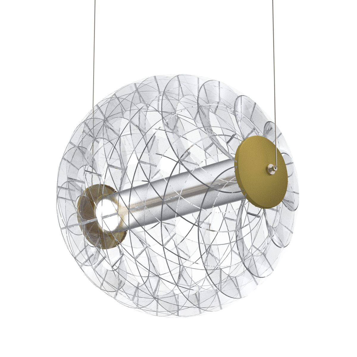 This helical ball lamp was a commissioned sculptural art project inspired by Paterra pendant light, but I wanted it to be able to move easily vertically. So this ball light is actually a trapeze with 2 adjustable cables that deliver power to the light not needing a cord. It is built exclusively with UL listed components and best practices.