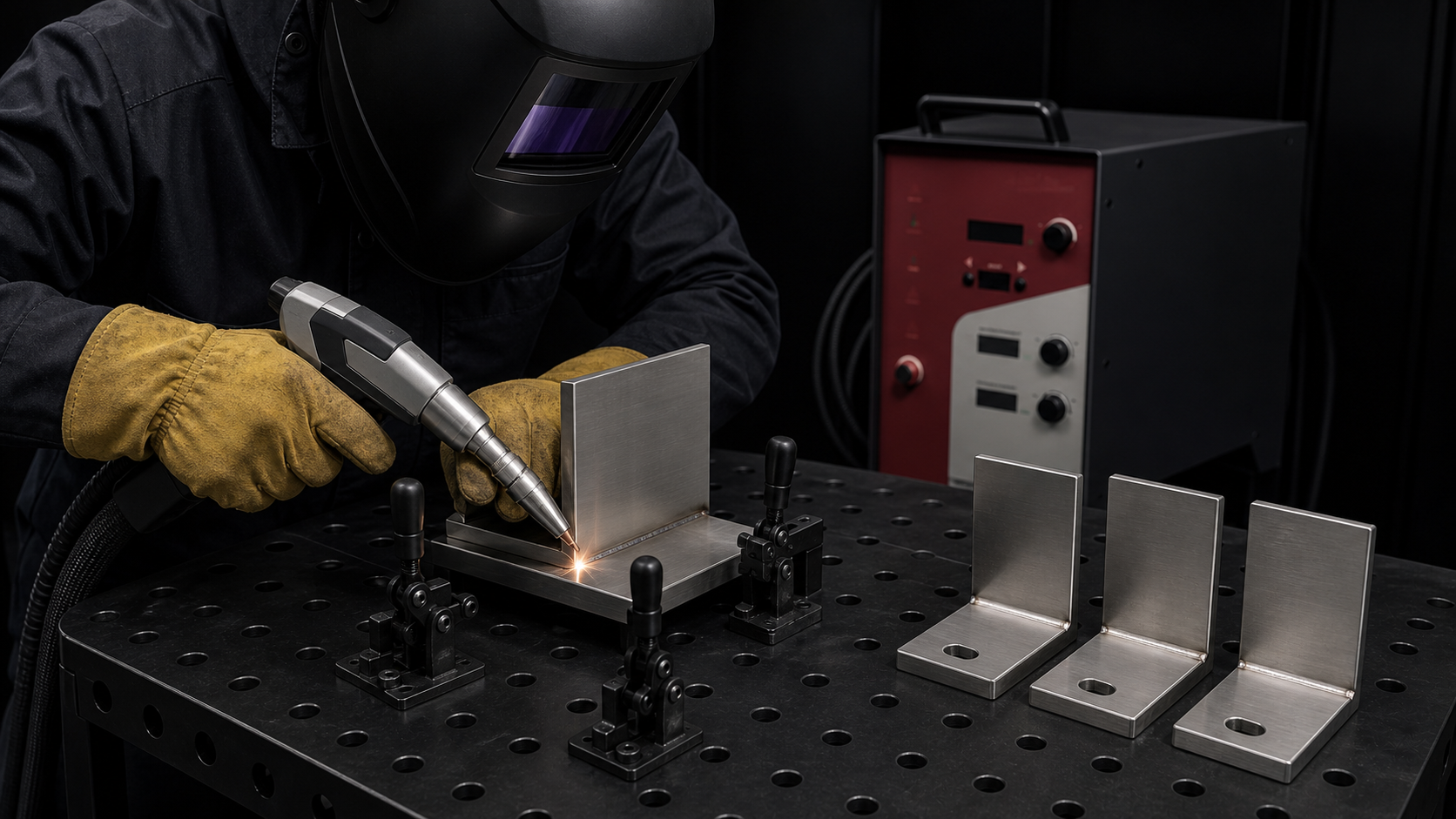 A protected operator using a handheld laser welding torch on a clamped satin stainless T-joint