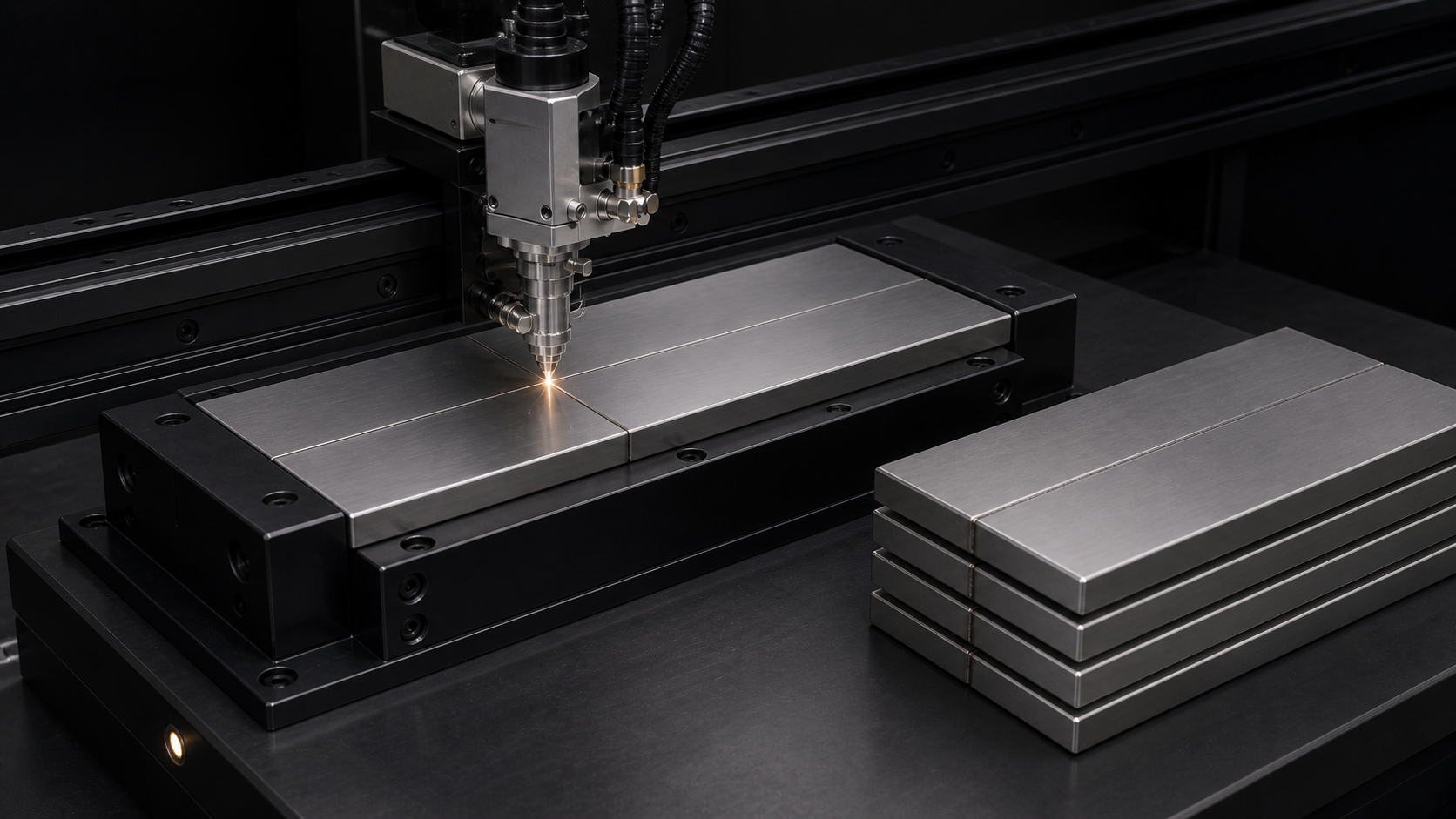A linear laser welding head following the straight joint between two identical satin stainless panels