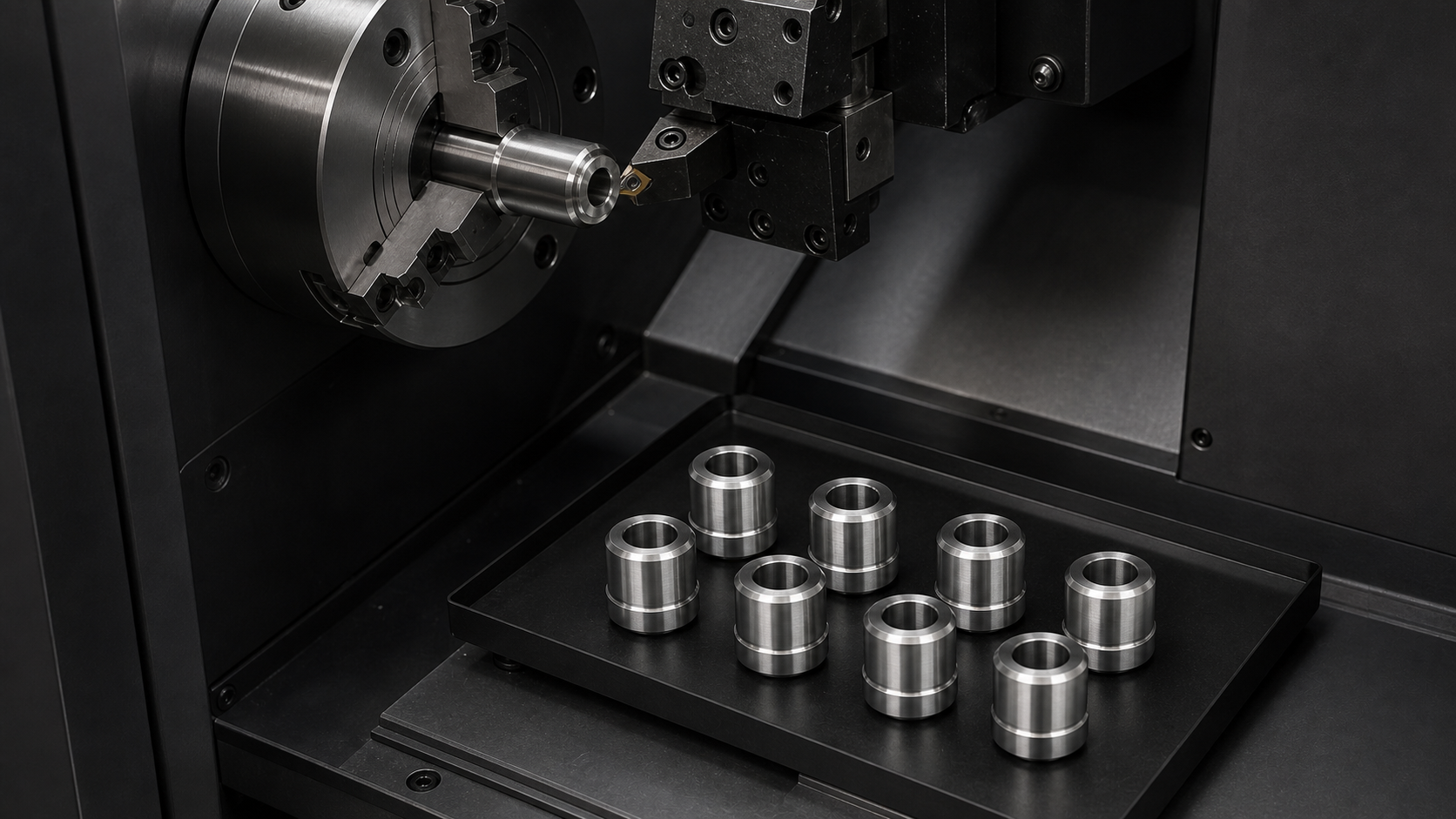 Identical stainless standoffs produced in a black CNC turning cell