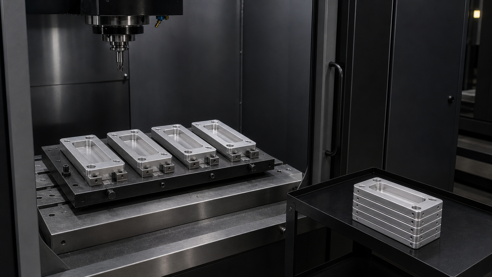 Identical aluminum brackets machined and stacked in a black CNC milling cell