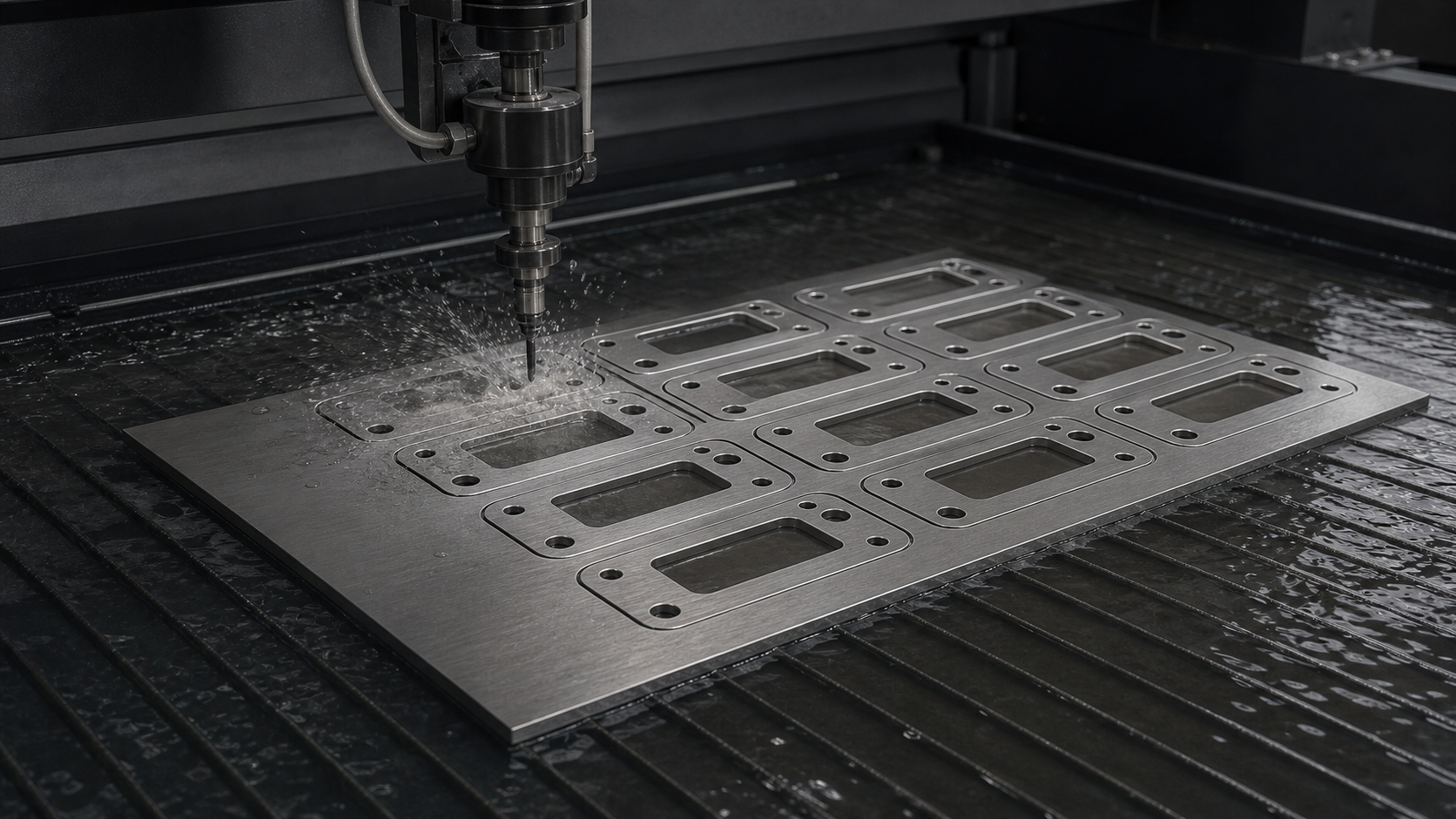 Identical stainless bracket blanks cut in an orderly waterjet nest