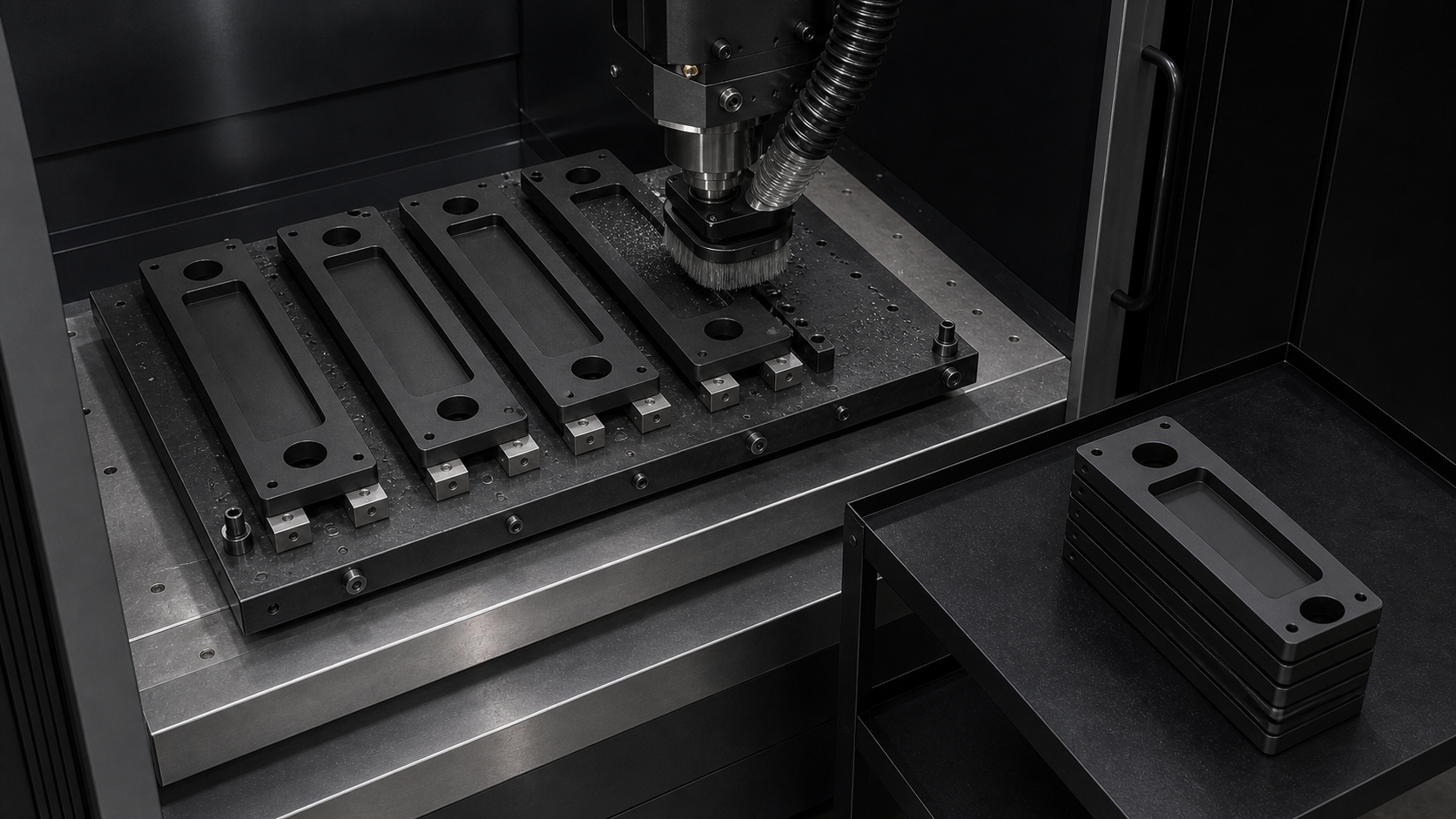 Identical black panels routed and stacked in a controlled CNC cell