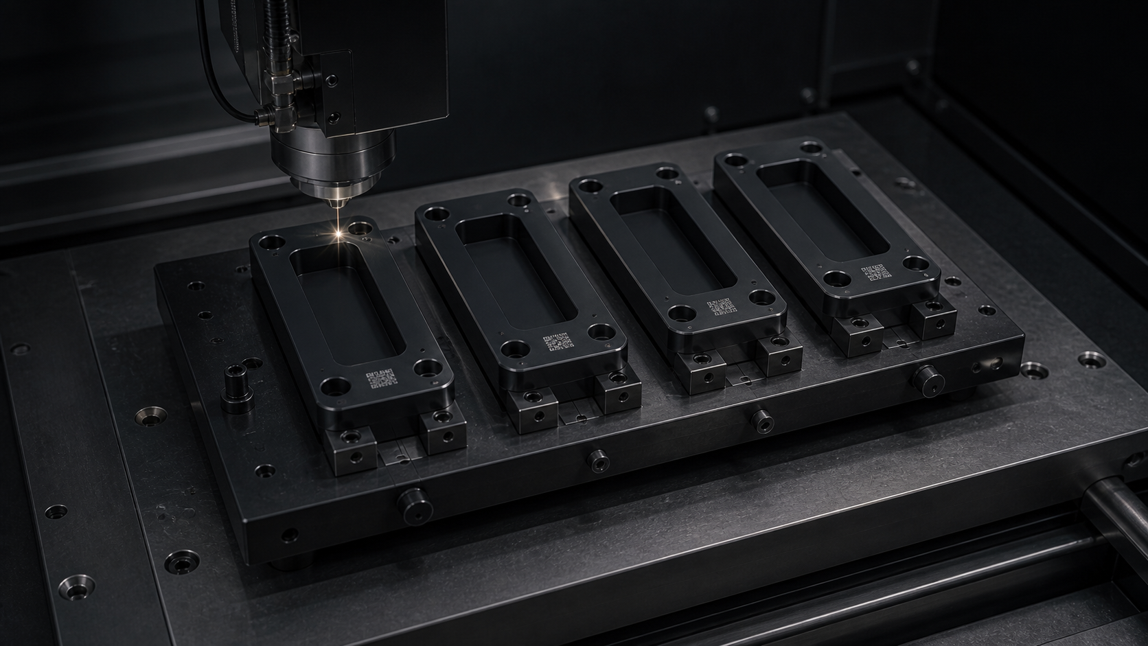 Identical black brackets laser marked in a precise production fixture