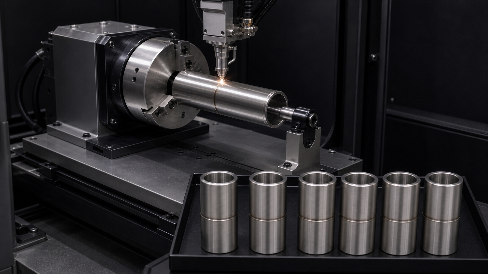 Identical stainless sleeves joined on a rotary laser welding station