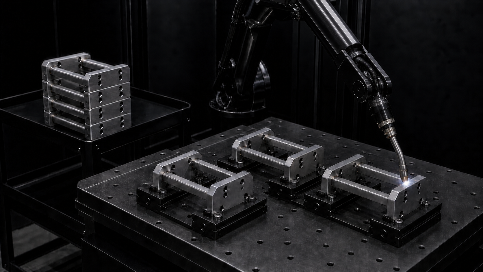 Identical steel frames MIG welded in repeatable production fixtures