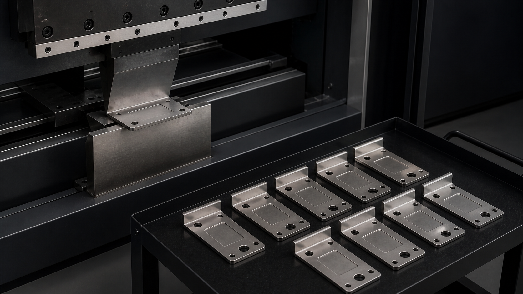 Identical stainless brackets formed to the same angle on a press brake