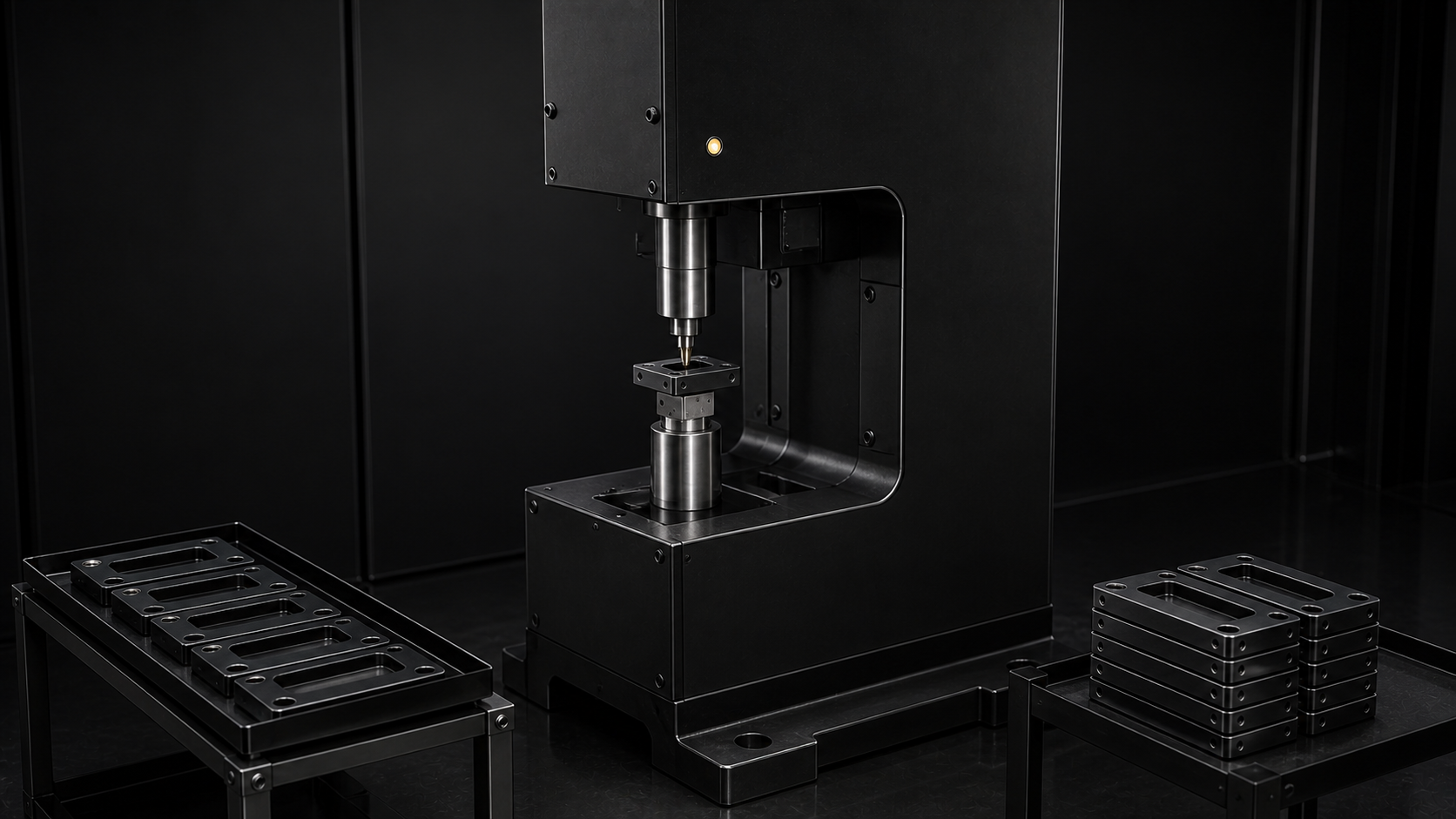 Identical black brackets receiving flush inserts in an open C-frame ram press