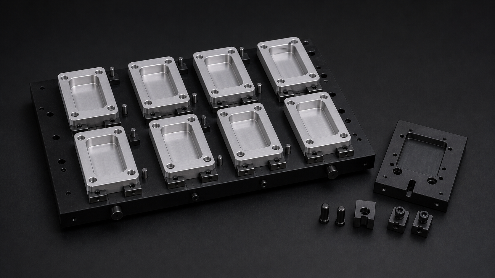 Identical aluminum brackets located in a repeatable black production fixture