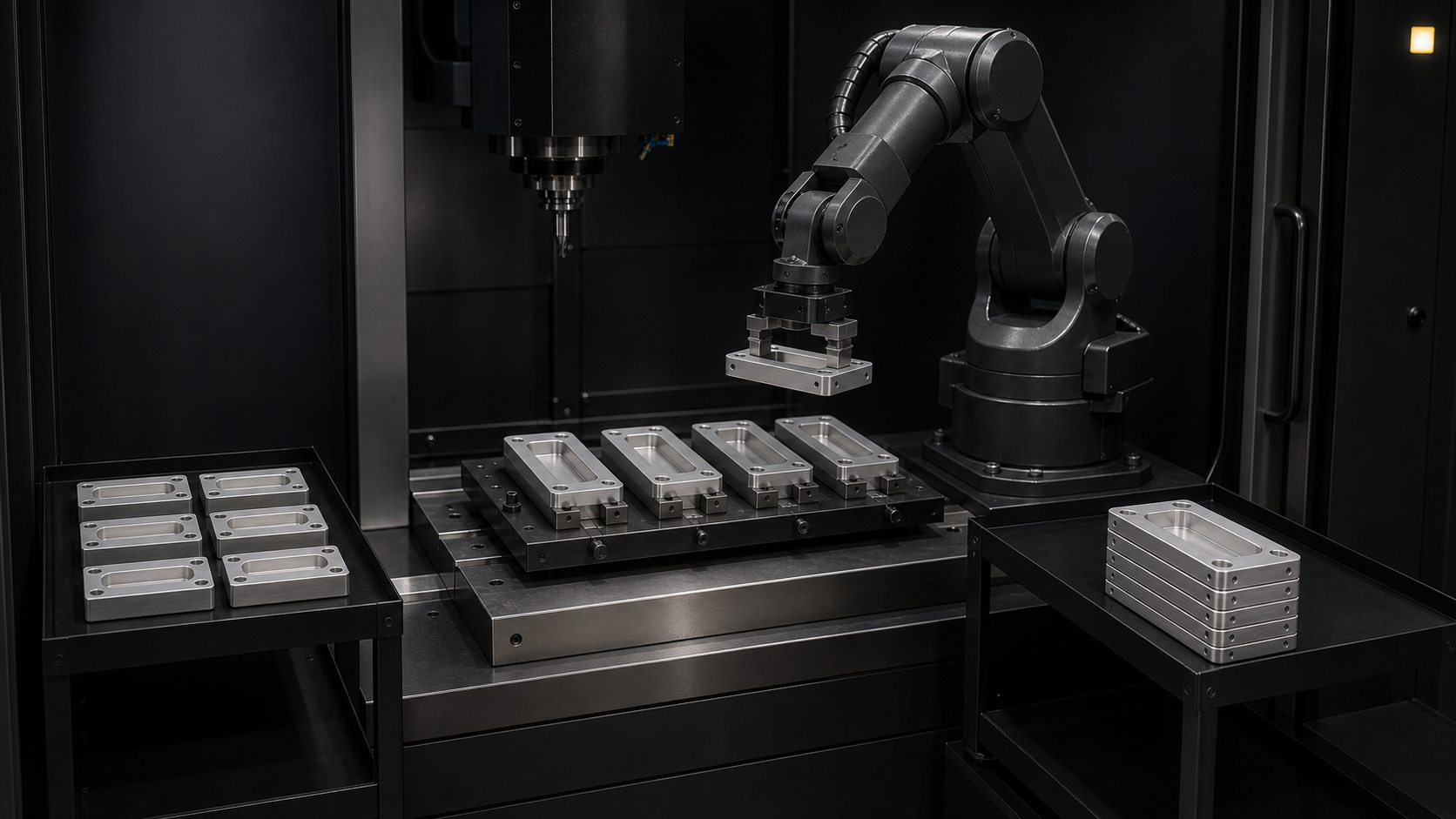 A compact black production cell moving identical aluminum brackets between stations