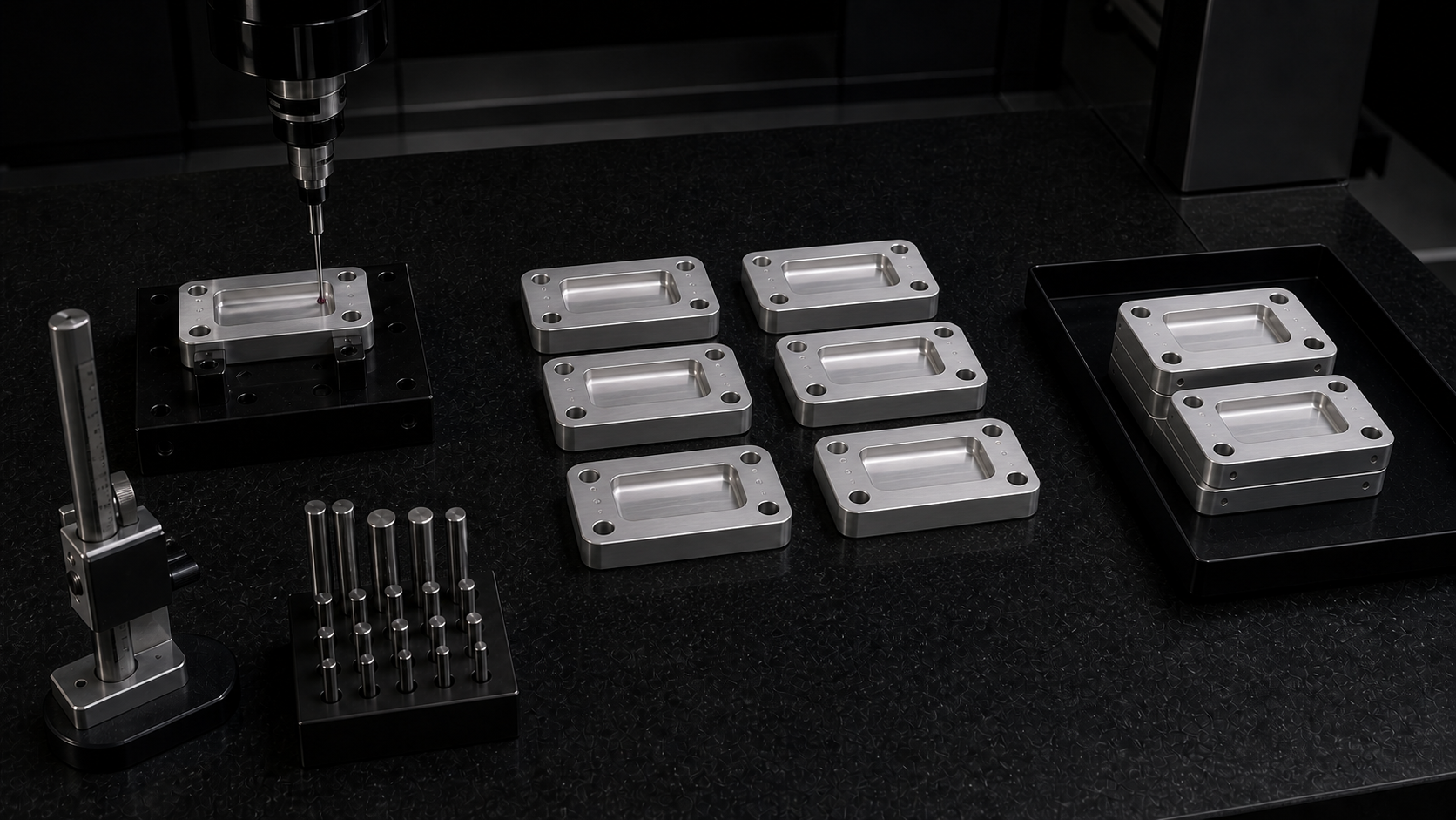 Identical aluminum brackets checked and released at a black metrology station