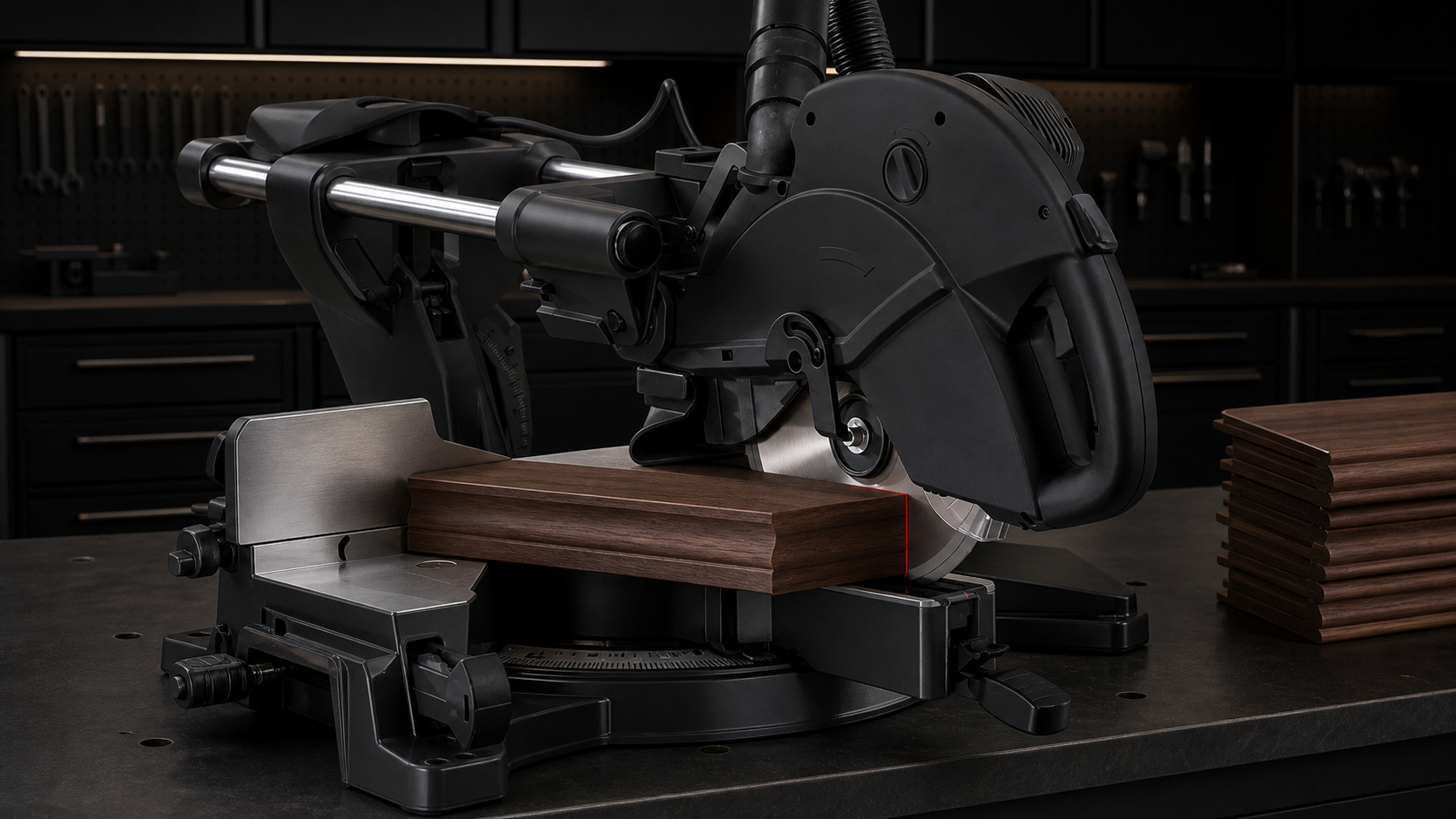 Dark walnut trim receiving a precise miter cut on an unbranded matte-black professional sliding compound miter saw