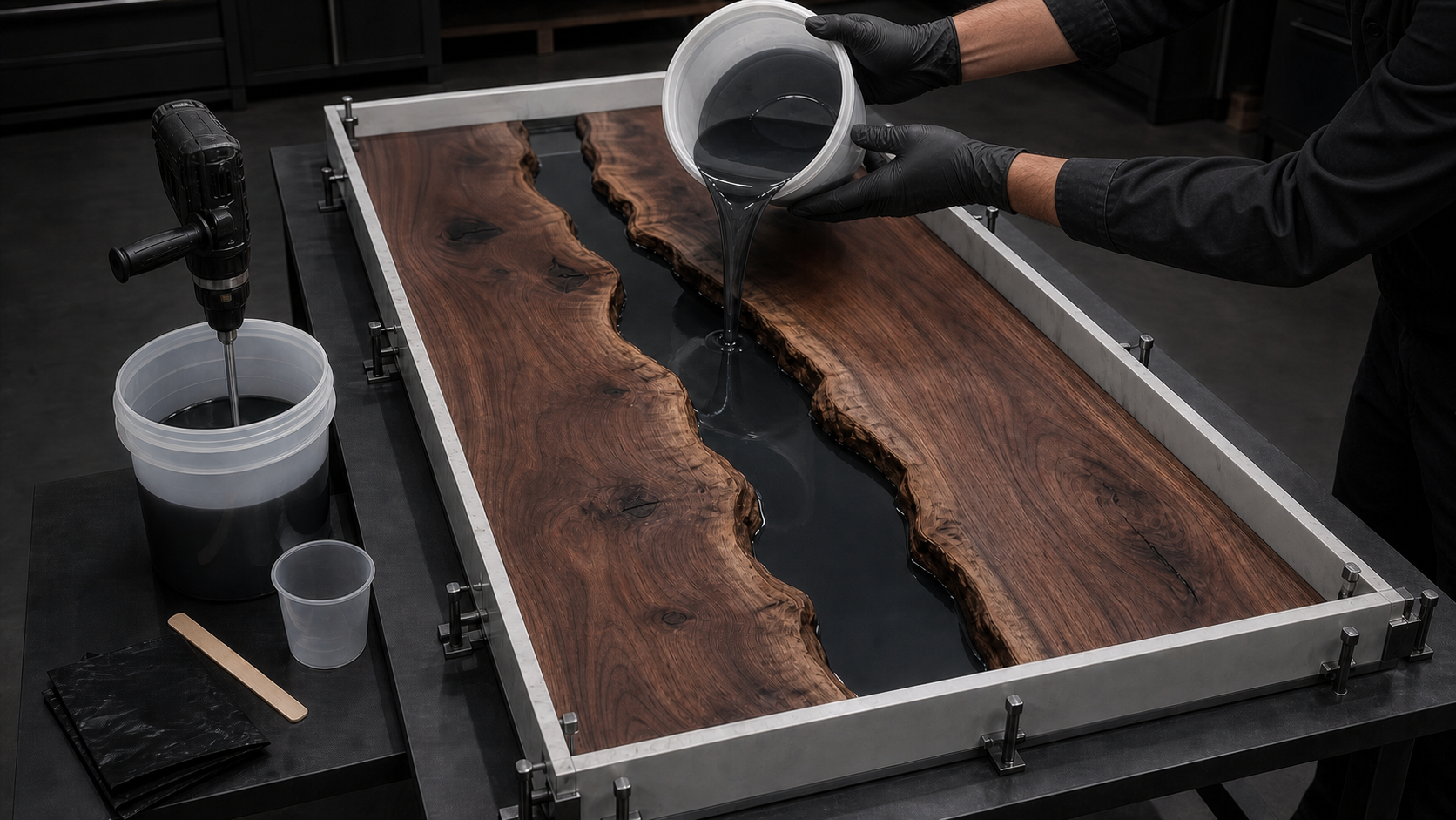 Smoke-black epoxy mixed with a drill paddle and poured between live-edge walnut slabs in a large casting mold
