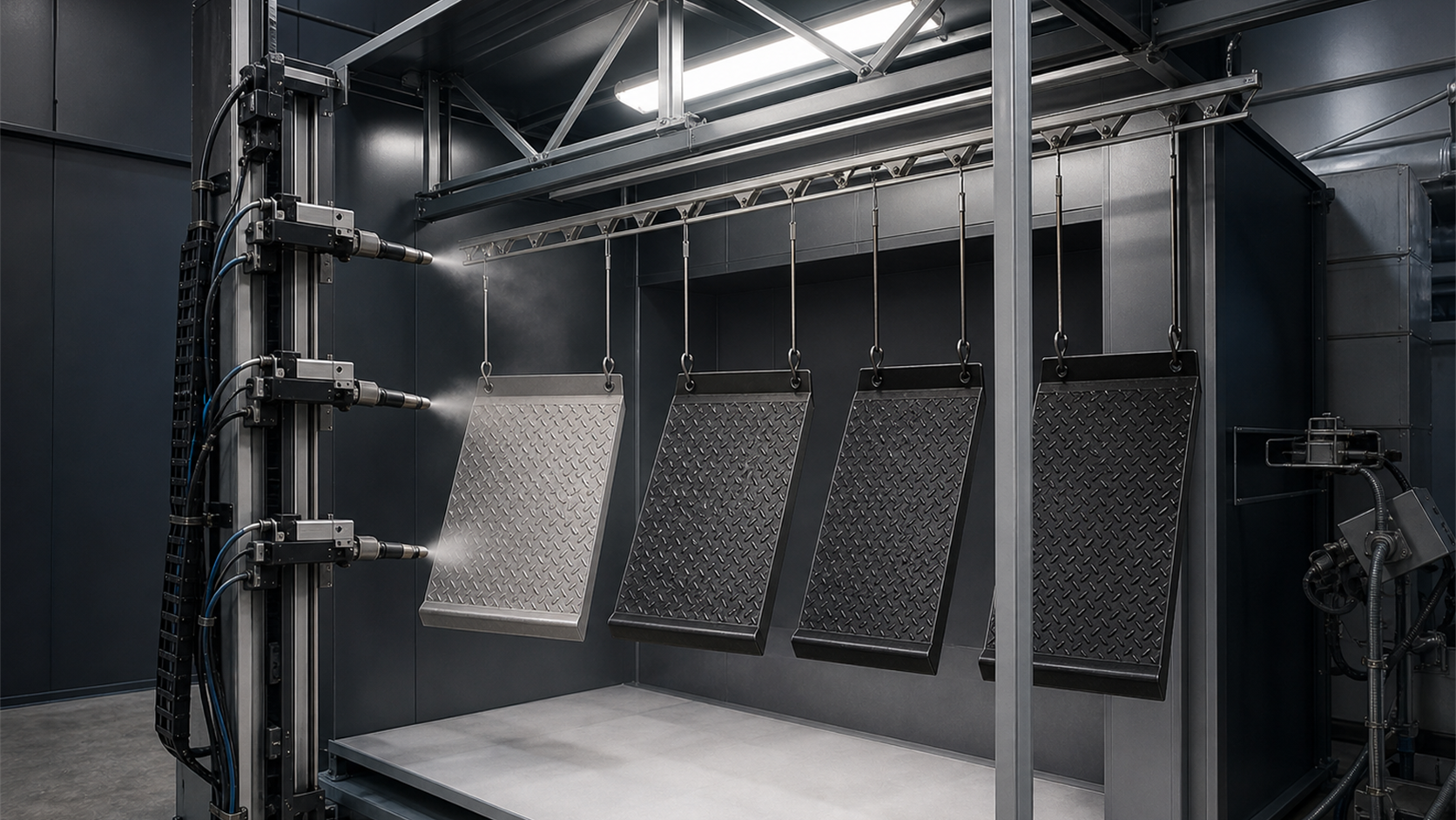 Identical DiaTread diamond-plate stair treads suspended by paired process hooks through rear-flange holes in an automated powder-coating booth