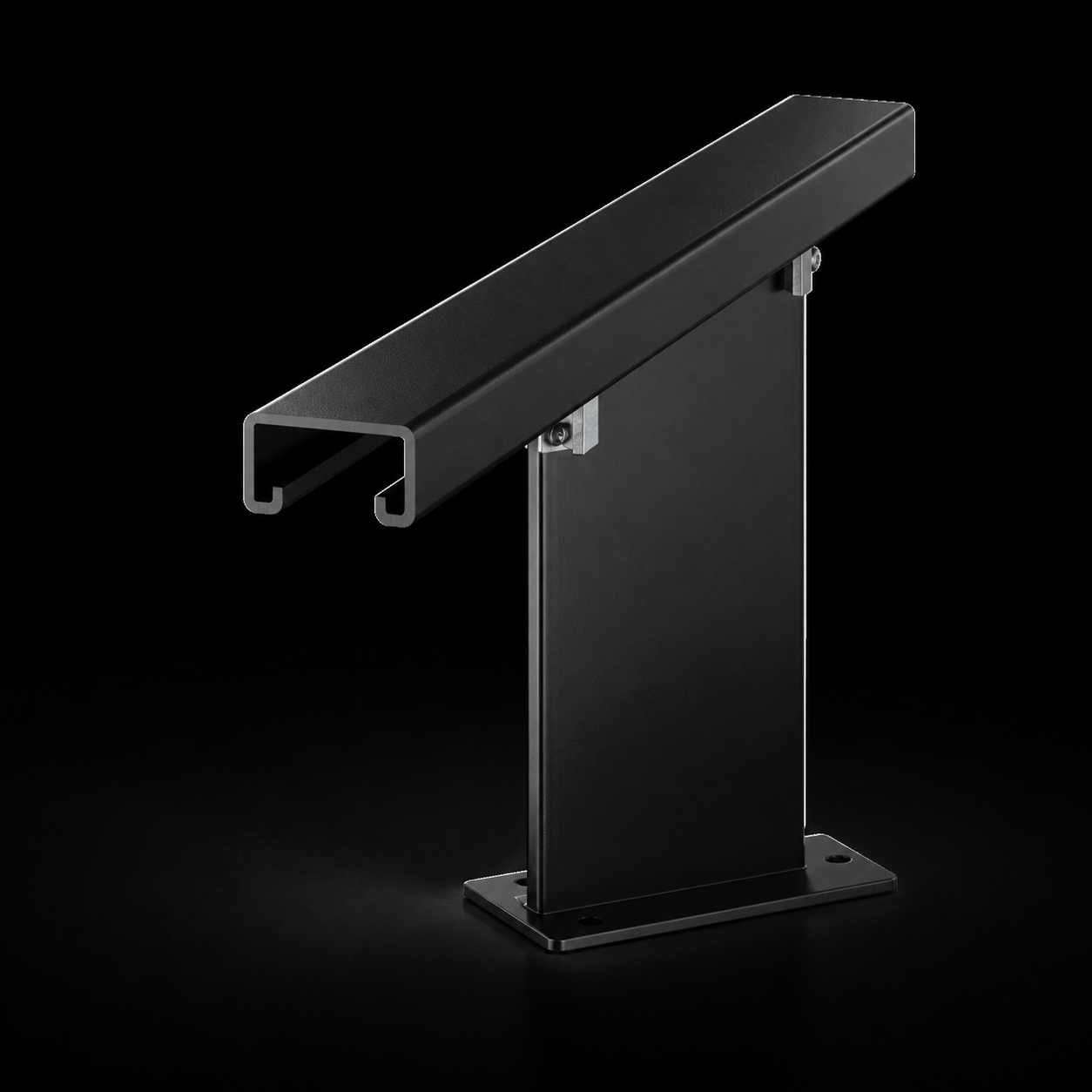 Satin black EXOSTRUT handrail corner assembly on a black studio background