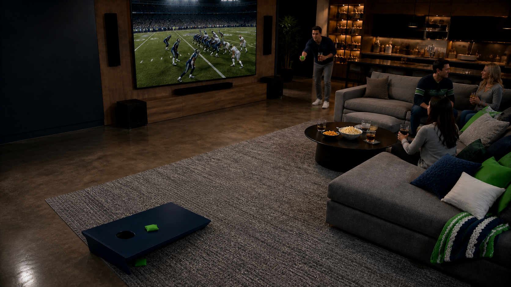 Couch Cornhole Board in a modern Gameday living room with four matching three-inch bags and a player throwing from the bar