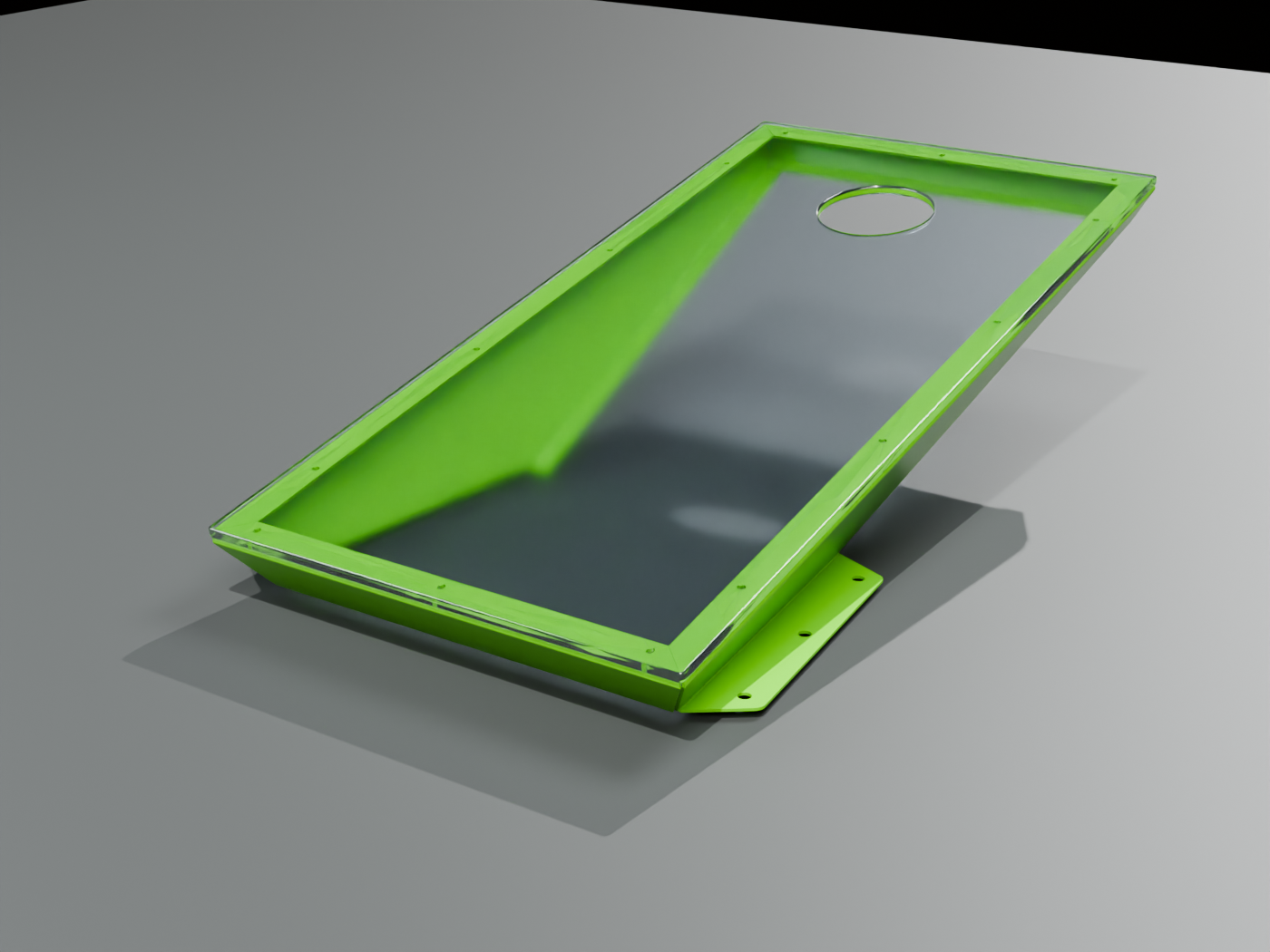 GFPC Park Cornhole in Prismatic Cosmic Chartreuse powdercoat on the metal frame with a clear unbranded polycarbonate playing surface