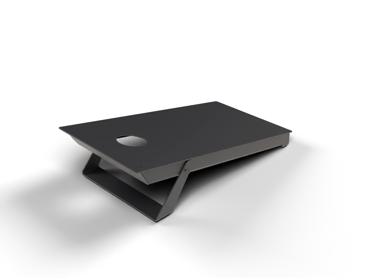 GFCB transportable aluminum cornhole board in matte black with its folding support deployed